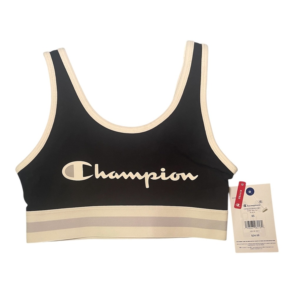 Champion Iconic Bra Top Black Cream Script Logo Sports Bra XS